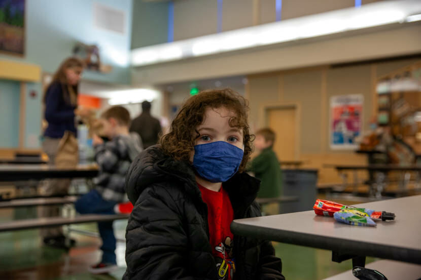 Florence Young, 5, takes it all in during the first day of in-person classes at Sayéik Gastineau Community School on Thursday, Jan. 14, 2021, in Juneau, Alaska. (Photo by Rashah McChesney/KTOO)