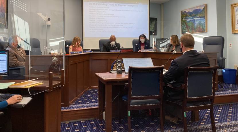 Members of the Senate Health and Social Services Committee hear details about a bill to extend the state's COVID-19 disaster declaration on Feb. 2 in the Capitol. The members, from left, are Sen. Tom Begich, D-Anchorage, behind the plexiglass; Sen. Mia Costello, R-Anchorage; Sen. David Wilson, R-Wasilla; Sen. Shelley Hughes, R-Palmer; Sen. Lora Reinbold, R-Eagle River; and Adam Crum, the commissioner of the Department of Health and Social Services. (Photo by Andrew Kitchenman/KTOO and Alaska Public Media)