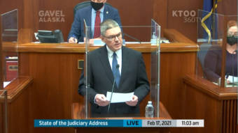 Alaska Supreme Court Chief Justice Joel Bolger delivers his third and last State of the Judiciary address in the Alaska Senate chamber, Feb. 17, 2021, in the State Capitol in Juneau. (Screen capture from Gavel Alaska)