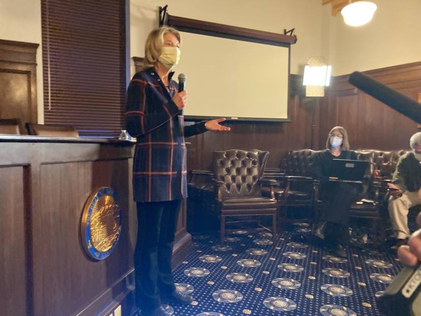 U.S. Sen. Lisa Murkowski speaks to reporters during her annual visit to the Alaska State Capitol in Juneau, on Feb. 16, 2021. (Photo by Andrew Kitchenman/KTOO and Alaska Public Media
