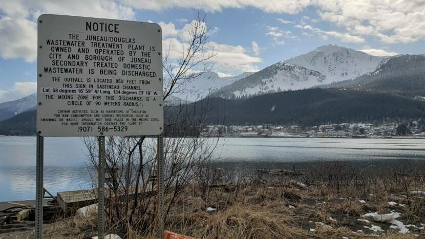 Juneau-Douglas Wastewater Treatment Plant outflow pipe sign Gastineau Channel