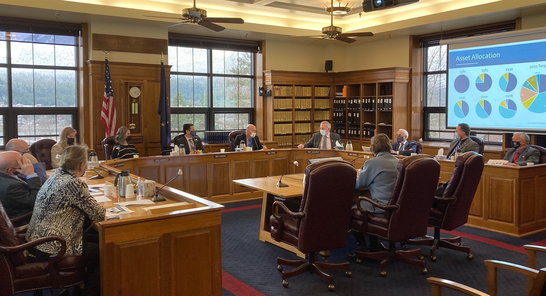 Alaska House Finance Committee members meet with Alaska Permanent Fund Corp. CEO Angela Rodell in the Capitol in Juneau, Feb. 23, 2021. (Photo by Andrew Kitchenman/KTOO and Alaska Public Media)