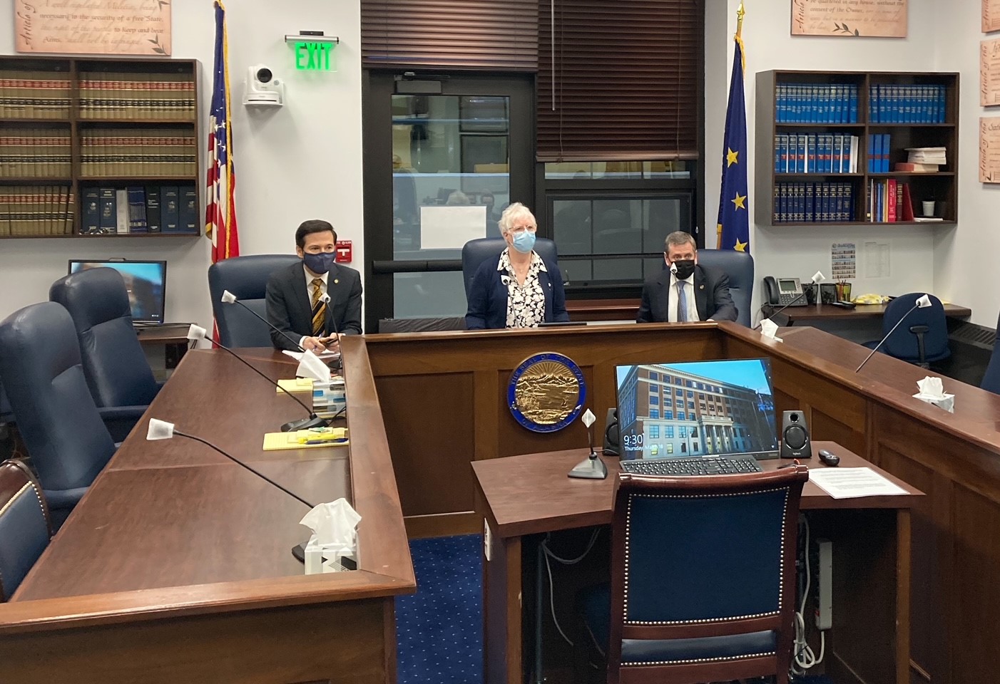 Rep. Neal Foster, D-Nome; House Speaker Louise Stutes, R-Kodiak; and Rep. Chris Tuck, D-Anchorage prepare for a House majority caucus news conference on March 18, 2021, ,in the Alaska State Capitol in Juneau, Alaska. (Photo by Andrew Kitchenman/KTOO and Alaska Public Media)