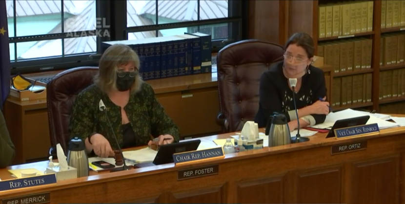 Rep. Sara Hannon, D-Juneau, left, and Sen. Lora Reinbold, R-Eagle River, discuss a motion to extend the Legislature's contract with Beacon Occupational Health and Safety during the Legislative Council meeting on March 17, 2021, in the Alaska State Capitol in Juneau, Alaska. Hannan is the chair and Reinbold is the vice chair. (Gavel Alaska screen capture)