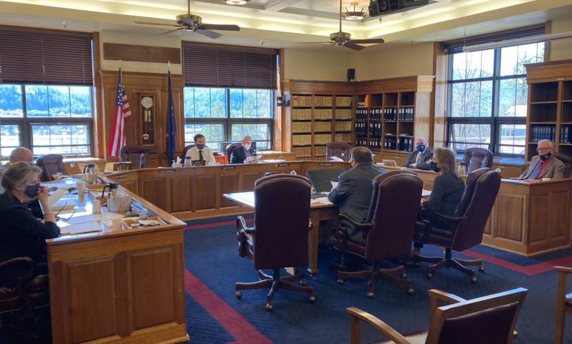 Alaska House Finance Committee members listen to a presentation on the committee proposal for how to spend American Rescue Plan Act funds on April 23, 2021, in the Alaska State Capitol in Juneau, Alaska. (Photo by Andrew Kitchenman/KTOO and Alaska Public Media)