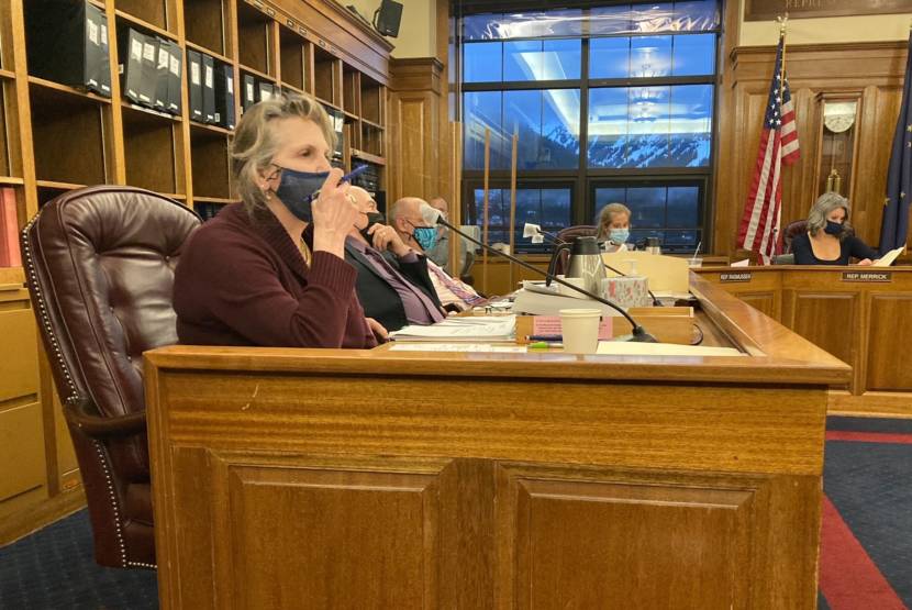 Palmer Republican Rep. DeLena Johnson pauses before commenting on her budget amendment to pay $3,000 dividends on Thursday in the Alaska State Capitol in Juneau, Alaska. Rep. Adam Wool, D-Fairbanks; Rep. Andy Josephson, D-Anchorage; a committee aide; Rep. Sara Rasmussen, R-Anchorage; and Rep. Kelly Merrick, R-Eagle River, are behind Johnson. (Photo by Andrew Kitchenman/KTOO and Alaska Public Media)