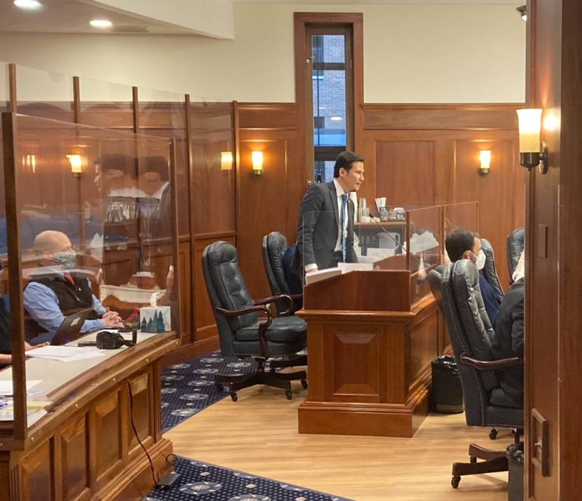 Rep. Neal Foster, D-Nome, offers his closing argument for the operating budget bill, which passed moments later, 23-16, on May 10, 2021, in the Alaska Capitol, Juneau, Alaska. (Photo by Andrew Kitchenman/KTOO and Alaska Public Media)