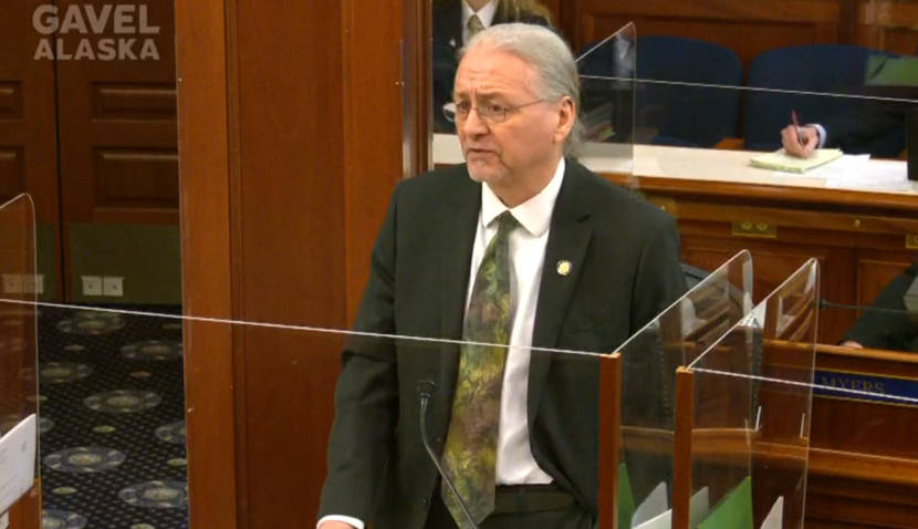 Sen. Tom Begich, D-Anchorage, speaks in favor of Senate Bill 10 on May 17, 2021, in the Senate chamber of the Alaska State Capitol. The bill would pay tuition for Alaskans who were employed as essential workers or laid off at the beginning of the COVID-19 pandemic. (KTOO 360TV screen capture)