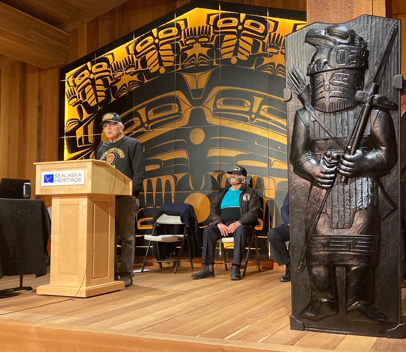 Army veteran George Bennett of Sitka speaks at the announcement of Alaska Gov. Mike Dunleavy's proposal to provide state land to Alaska Native veterans of the Vietnam era on May 5, 2021, in Sealaska Heritage Institute's Walter Soboleff Building. (Photo by Andrew Kitchenman/KTOO and Alaska Public Media)