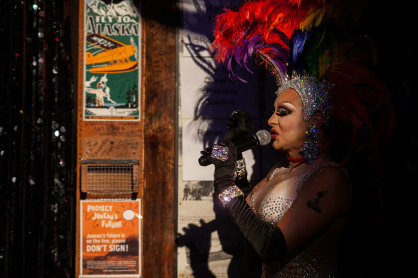 Gigi Monroe (James Hoagland) chats up the audience after her opening number for Juneau Drag's live, in-person show on Saturday, May 22, 2021, in Juneau, Alaska. The drag troupe offered the maskless, in-person drag event to people who brought proof of being vaccinated against COVID-19. (Photo by Rashah McChesney/KTOO)