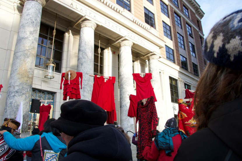 Women carry red dresses to raise awareness for Missing and Murdered Indigenous People during the Women's March in 2019 in Juneau, Alaska. (Photo courtesy Lyndsey Brollini/KTOO)