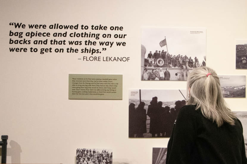 Tara Bourdukofsky looks at the current exhibit on display at the Juneau-Douglas City Museum about Unangax̂ internment during World War II. 