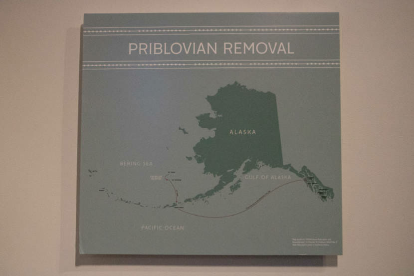 A graphic in the Juneau-Douglas City Museum showing the forced internment of Unangax̂ people from the Aleutian Islands to Southeast Alaska. The graphic is part of an exhibit at the museum - Echoes of War: Unangax̂ Internment During WWII - which runs through October 18, 2021. 