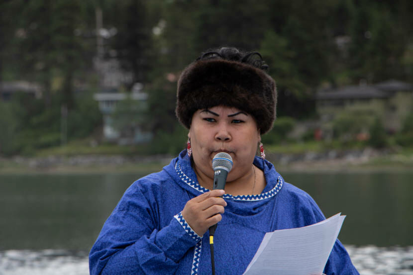 Jennifer Brown speaking at a candlelight vigil for the 215 children found buried at the Kamloops Indian Residential School in Kamloops, British Columbia.