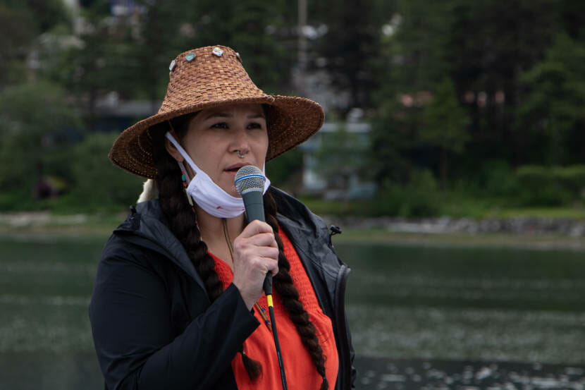Yolanda Fulmer speaking at a vigil held for the 215 children found buried at the Kamloops Indian Residential School in Kamloops, British Columbia.