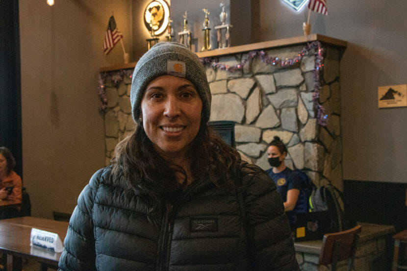 Carolina Sekona just after receiving her first dose of the COVID-19 vaccine at Forbidden Peak Brewery.