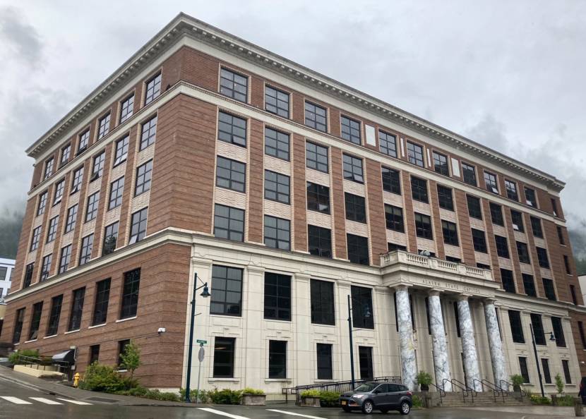 The Alaska State Capitol in Juneau hosts budget negotiations on a rainy day, April 15, 2021. (Photo by Andrew Kitchenman/KTOO and Alaska Public Media)