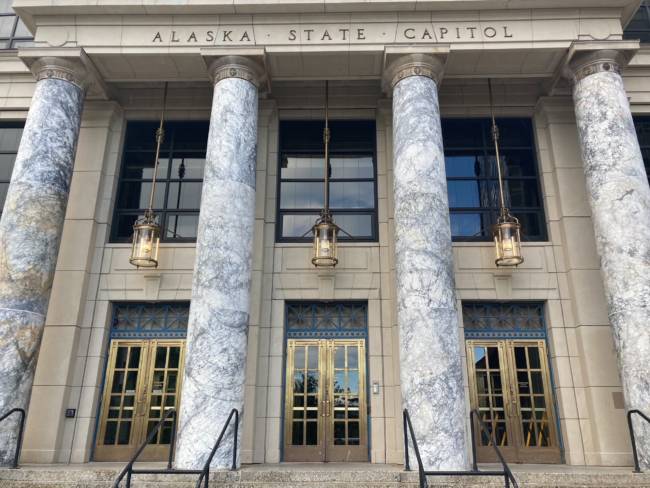 The Alaska State Capitol doors have required key cards to unlock throughout the 2021 legislative session, June 16, 2021. (Photo by Andrew Kitchenman/KTOO and Alaska Public Media)
