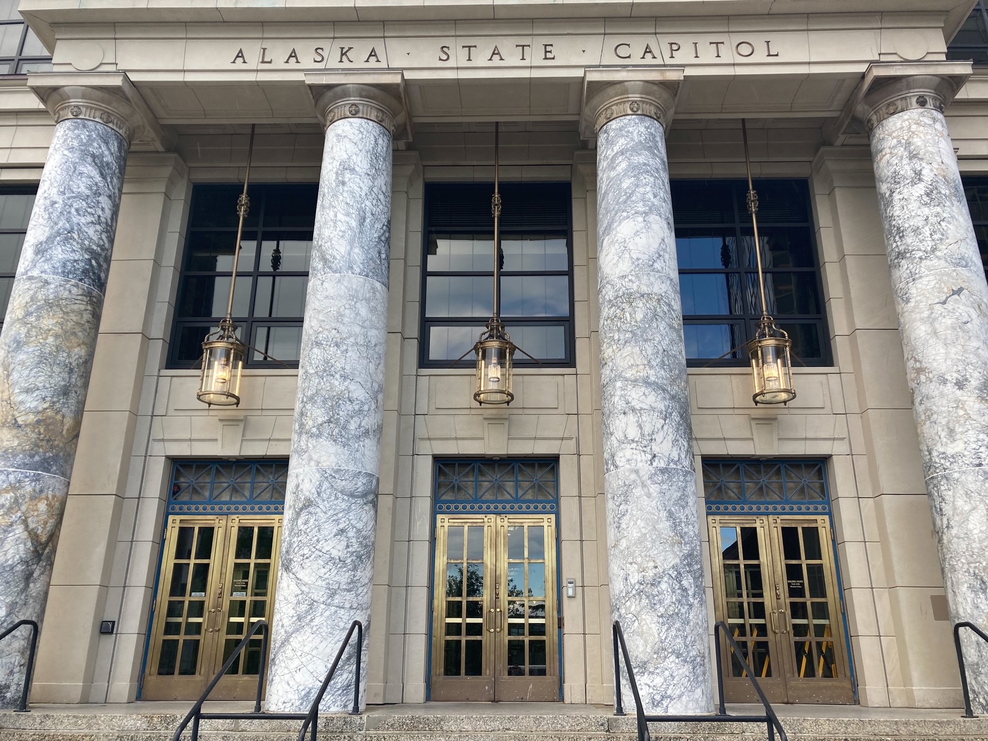 The Alaska State Capitol doors have required key cards to unlock throughout the 2021 legislative session, June 16, 2021. (Photo by Andrew Kitchenman/KTOO and Alaska Public Media)