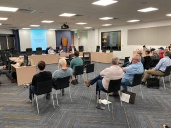 Members of the Alaska legislative comprehensive fiscal plan working group meet on July 22, 2021, in the Anchorage Legislative Information Office. The group announced four days of public testimony starting on July 29. (Photo by Andrew Kitchenman/KTOO and Alaska Public Media)