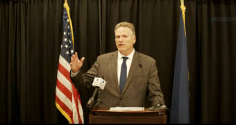 Gov. Mike Dunleavy talks during a news conference on Thursday, July 6, 2021. Dunleavy said he would veto a $4 billion transfer from the permanent fund's earnings reserve to the constitutionally protected part of the fund. (Screen capture of the news conference)