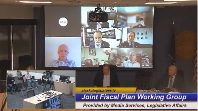 The members of the Joint Comprehensive Fiscal Plan Working Group listen to Sen. Lyman, D-Bethel, at the bottom center, on July 7, 2021, in the Alaska State Capitol in Juneau. The group held its first meeting. (Gavel Alaska screen capture)