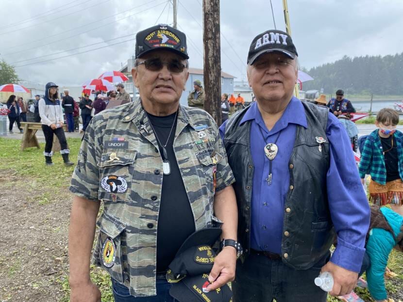 Veterans William “Ozzie” Sheakley and James Lindoff Jr. pose during a totem pole raising ceremony in Hoonah on Saturday, July 24. 