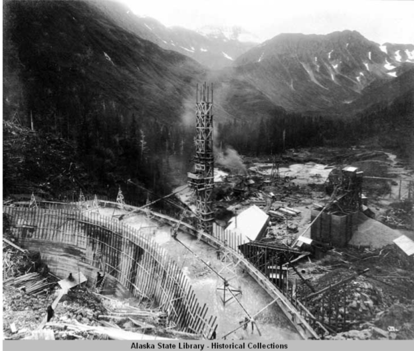 Salmon Creek Dam, under construction, 1913. Photo courtesy Alaska Electric Light and Power Company Photograph Collection/ Alaska State Library)