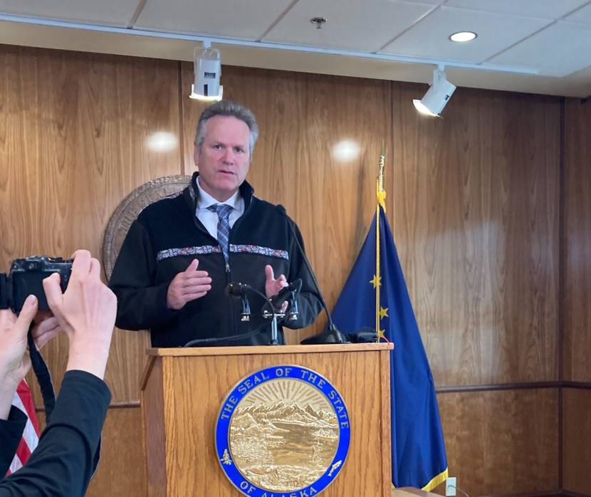 Gov. Mike Dunleavy speaks at a news conference in the Alaska State Capitol in Juneau on Aug. 16, 2021. Dunleavy talked about what he would like the Legislature to pass during the third special session this year. (Photo by Andrew Kitchenman/KTOO and Alaska Public Media)
