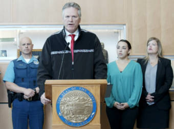 Gov. Mike Dunleavy announces an effort to gather DNA samples from those charged with crimes against others and felonies whose samples weren't collected in the past. He made the announced on Aug. 10, 2021, at the Department of Public Safety Crime Lab in Anchorage. A member of the Anchorage Police Department; Blaze Bell, an advocate for survivors of sexual assault like herself; and Rep. Geran Tarr, D-Anchorage, attended the announcement. (Livestream screen capture)