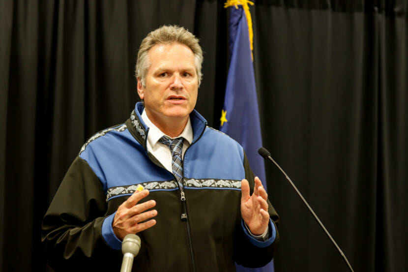 Gov. Mike Dunleavy discusses the state of the coronavirus pandemic during a news conference at the Atwood Building in Anchorage on Thursday, Aug. 26, 2021. (Matthew Faubion / Alaska Public Media)