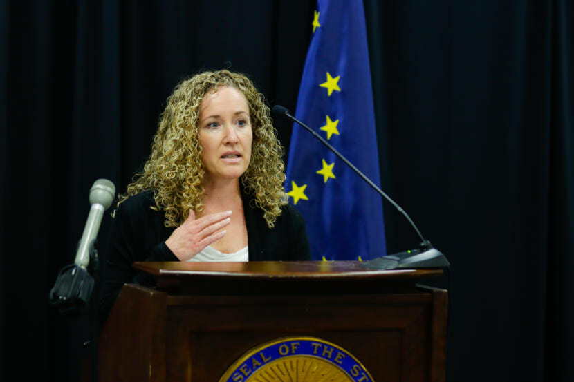 Heidi Hedberg, Alaska Department of Health and Social Services public health director, discusses the state of the coronavirus pandemic during a news conference at the Atwood Building in Anchorage on Thursday, Aug. 26, 2021. (Matthew Faubion / Alaska Public Media)