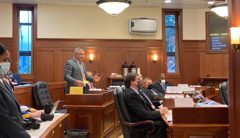 Wasilla Republican Sen. Mike Shower speaks on Sept. 14, 2021, on the floor of the Alaska Senate in the Alaska State Capitol in Juneau, Alaska. Shower proposed an amendment to a bill to fund permanent fund dividends that would have set the PFD at $3,800. The amendment failed. (Photo by Andrew Kitchenman/KTOO and Alaska Public Media)