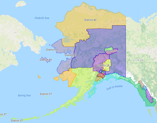 This draft map was one of two prepared by the state Redistricting Board. The board has since revised the drafts and will be holding 20 meetings around Alaska over the next seven weeks. (Screen capture of Redistricting Board site)