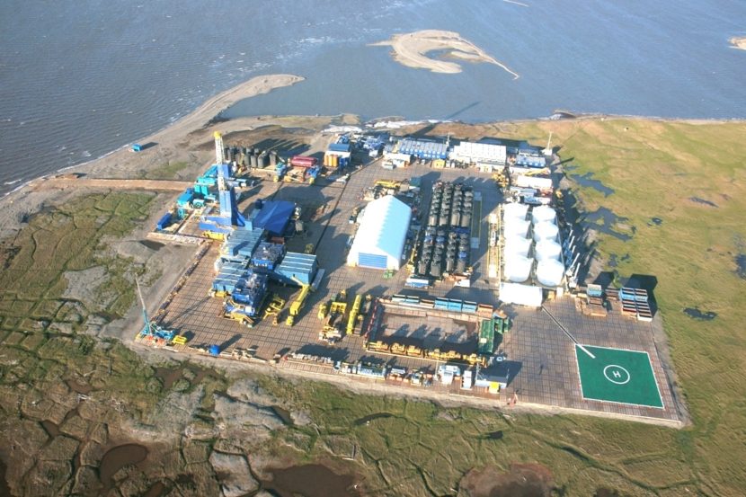 An aerial view of an oil field on Alaska's North Slope