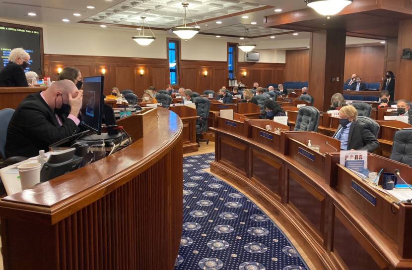 The Alaska House of Representatives meets on the first day of the fourth special session of the year, on Oct. 4, 2021, in the State Capitol in Juneau. The House passed a resolution that would have allowed the Legislature to leave Juneau for up to eight days, but the Senate didn't consider the measure. (Photo by Andrew Kitchenman/KTOO and Alaska Public Media)