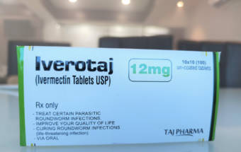 close-up of a box of ivermectin tablets sitting on a counter