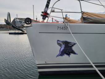 The bow of a white sailboat with a malamute's head painted on it