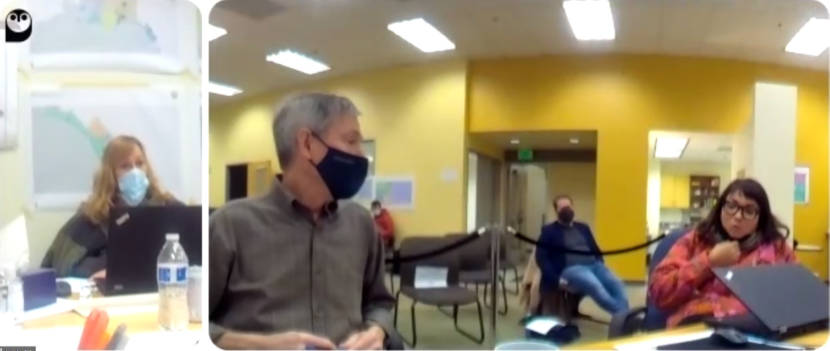 Alaska Redistricting Board member Bethany Marcum, chair John Binkley and member Nicole Borromeo speak during a board meeting on Nov. 9, 2021, in the board office in Anchorage. The board adopted the final Senate map during the meeting. (Zoom screen capture)