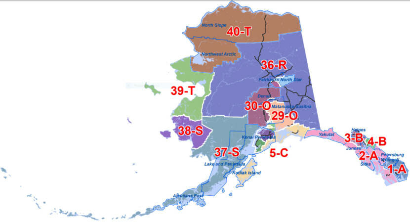 The Alaska Redistricting Board took the final legal steps to adopt this legislative district map on Nov. 10, 2021. (Screen capture from Redistricting Board website)