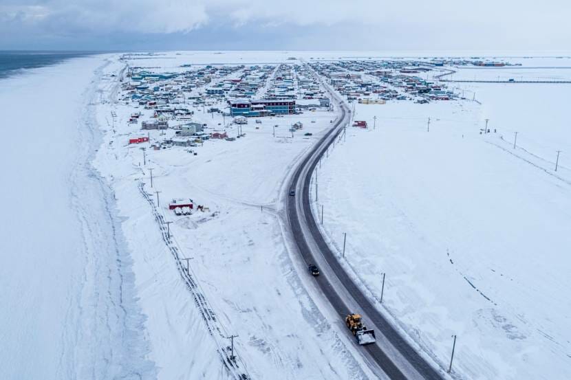 An aerial view of Utqiagvik in the snow
