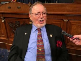 Rep. Don Young speaking into a microphone that's being held by someone outside the frame.