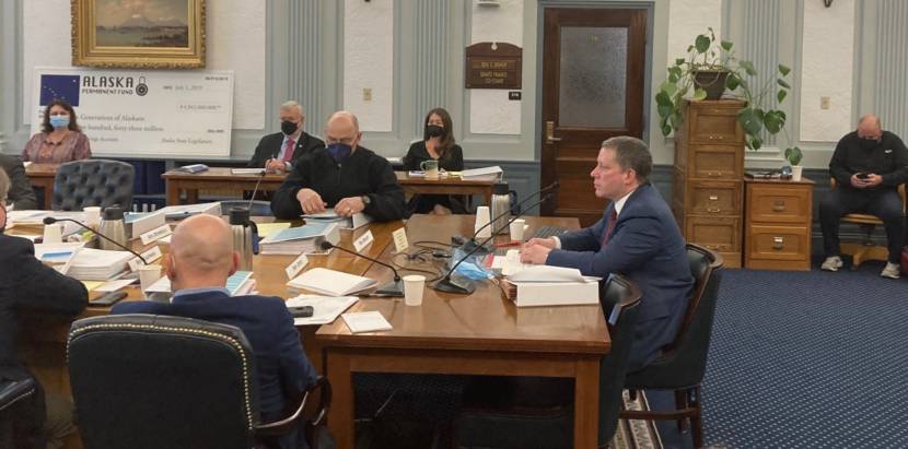 Alaska Permanent Fund Corp. board of trustees chair Craig Richards, right, provides testimony to the Legislative Budget and Audit Committee on Jan. 17, 2022, in the Alaska State Capitol in Juneau. (Photo by Andrew Kitchenman/KTOO)