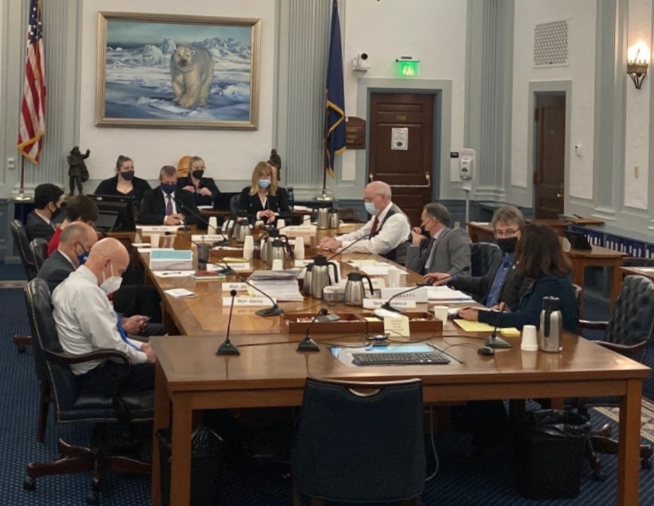 The Alaska Legislative Budget & Audit Committee meets shortly before voting to approve hiring a law firm to investigate the firing of Angela Rodell as the executive director of the Alaska Permanent Fund Corp., on Jan. 27, 2022, in the Alaska State Capitol in Juneau, Alaska. (Photo by Andrew Kitchenman/KTOO and Alaska Public Media)