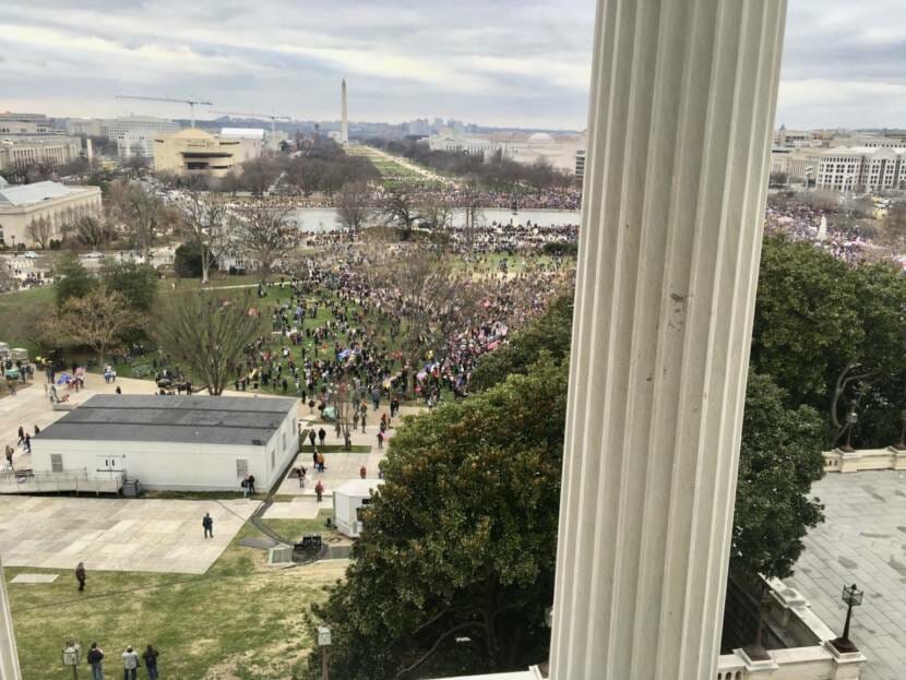 A view of Jan. 6 rioters from above, looking down from inside the Capitol