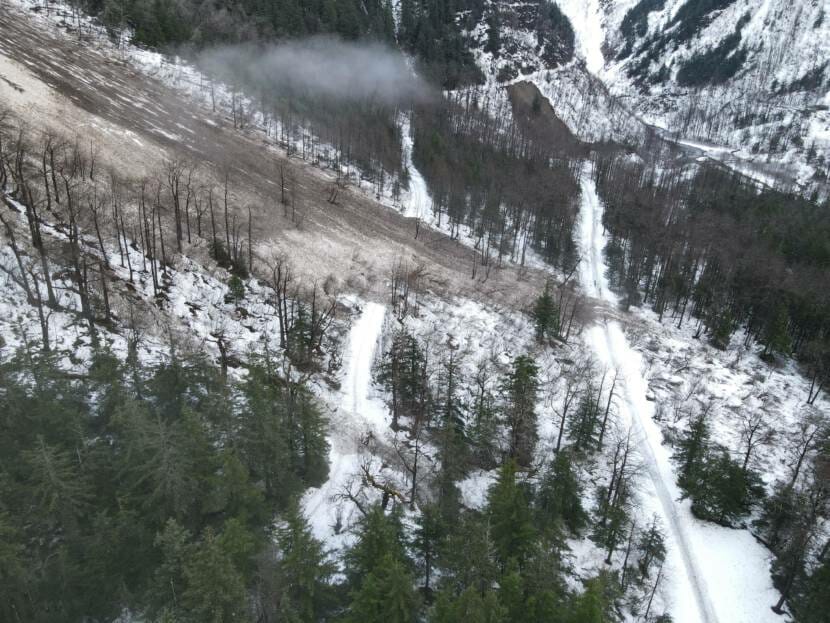 A landslide and avalanche on the Perseverance Trail in the Basin Road area has blocked portions of both. The City and Borough of Juneau is warning that the trail is unstable, and that there is debris in the area. (Photo courtesy George Schaaf)