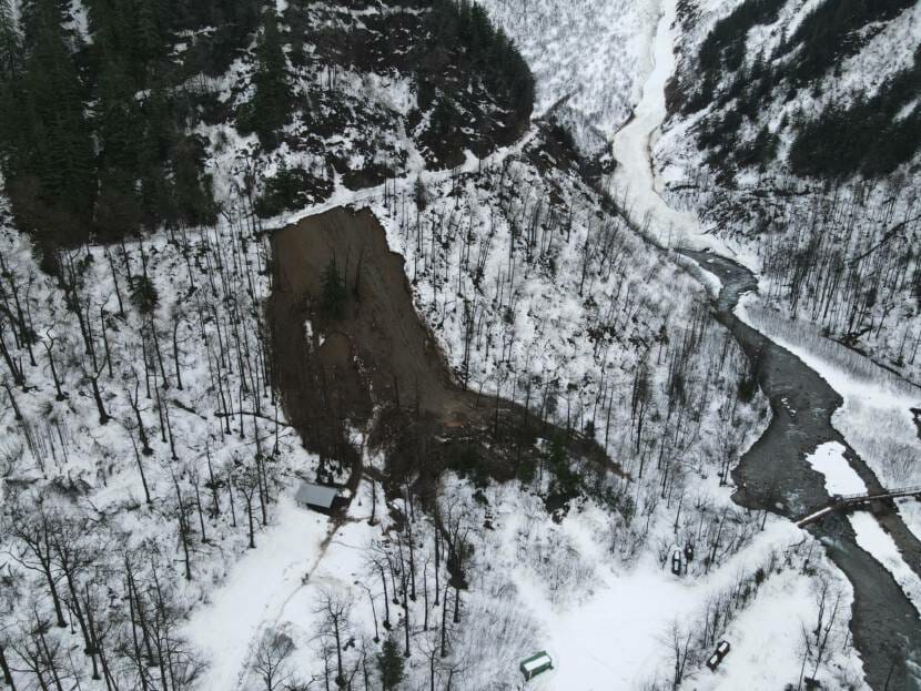 A landslide and avalanche on the Perseverance Trail in the Basin Road area has blocked portions of both. The City and Borough of Juneau is warning that the trail is unstable, and that there is debris in the area. (Photo courtesy George Schaaf)