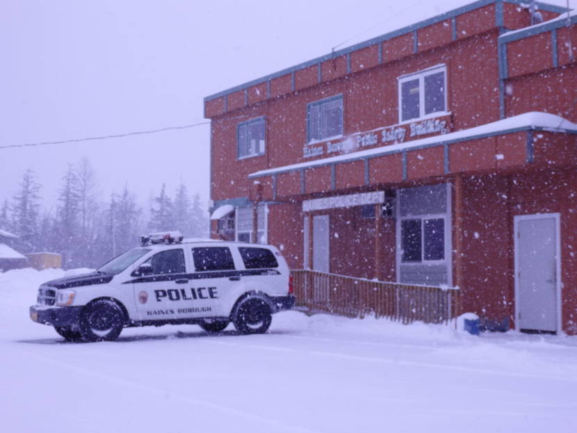 A file photo of a police SUV parked outside the Haines public safety building in a snowstorm