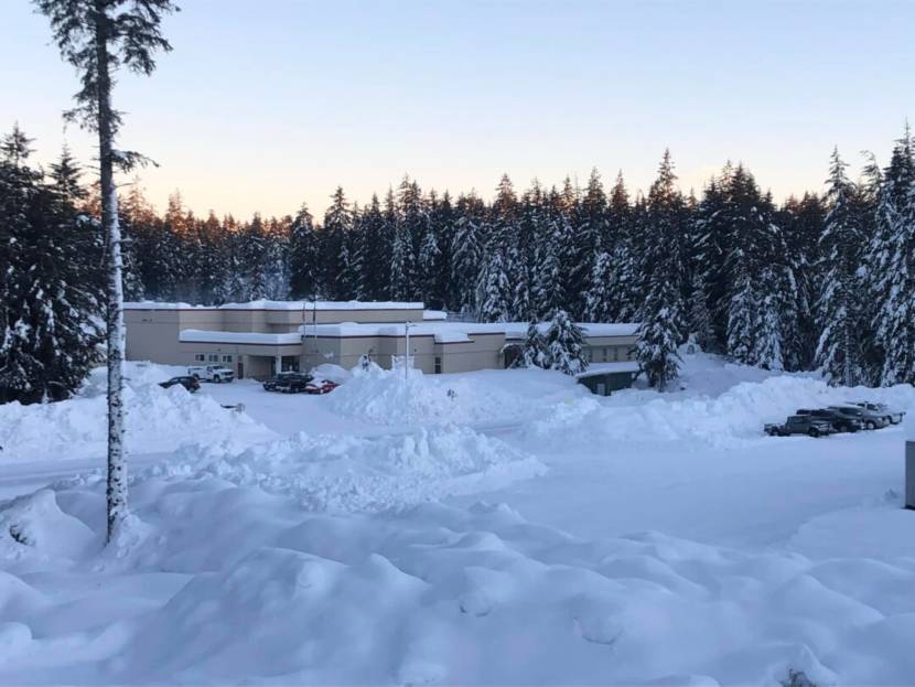 A school building in the snow