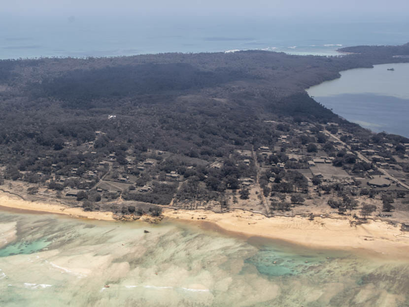 An aerial view of heavy ash fall on Jan. 17 on the island of Nomuka, Tonga. The extent of the damage to the island nation remains largely unknown.